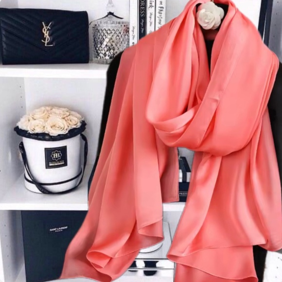 Coral Pink Red 100% SILK SATIN Large Shawl Scarf Wrap Wedding Bridesmaid CoverUp - Picture 1 of 5